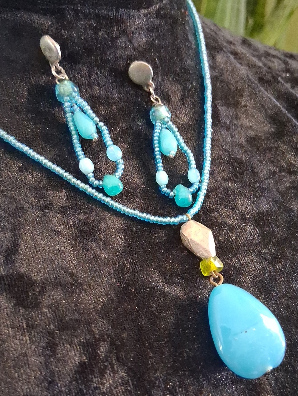 Turquoise Bead Drop Pendant Necklace & Earrings Set - Blue 18 In Long